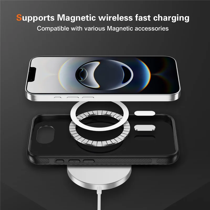 iPhone 16e Skin-touch Hülle Kohlefaser-Textur PC + TPU Rückabdeckung kompatibel mit MagSafe - Schwarz+Schwarz