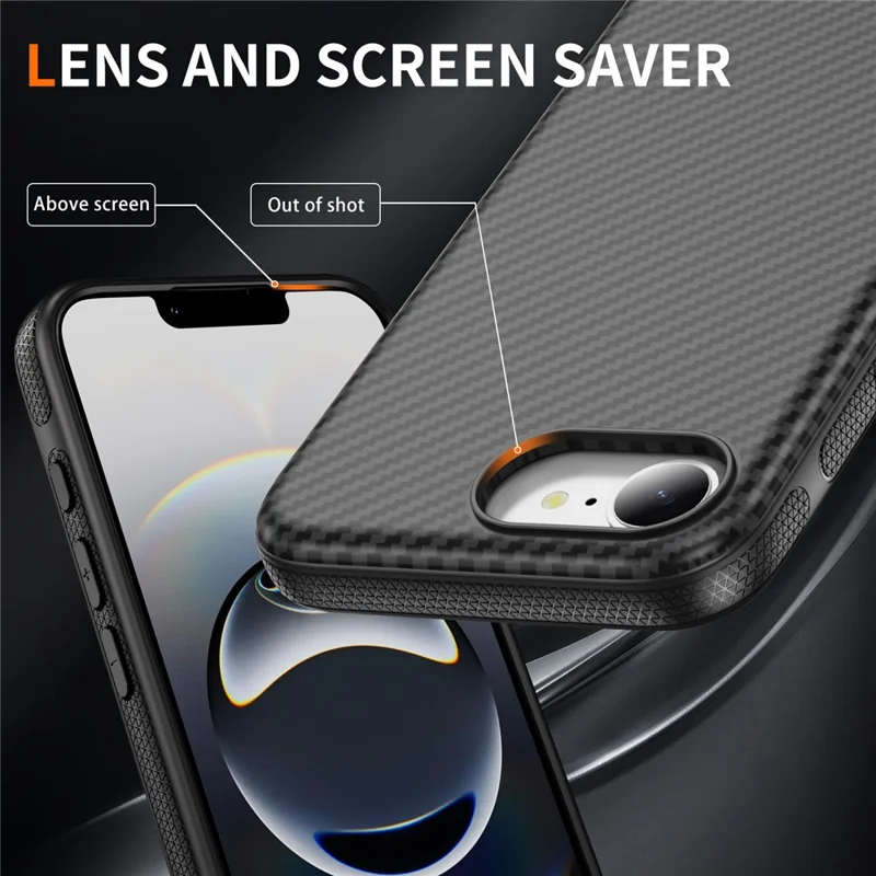 iPhone 16e Skin-touch Hülle Kohlefaser-Textur PC + TPU Rückabdeckung kompatibel mit MagSafe - Schwarz+Schwarz
