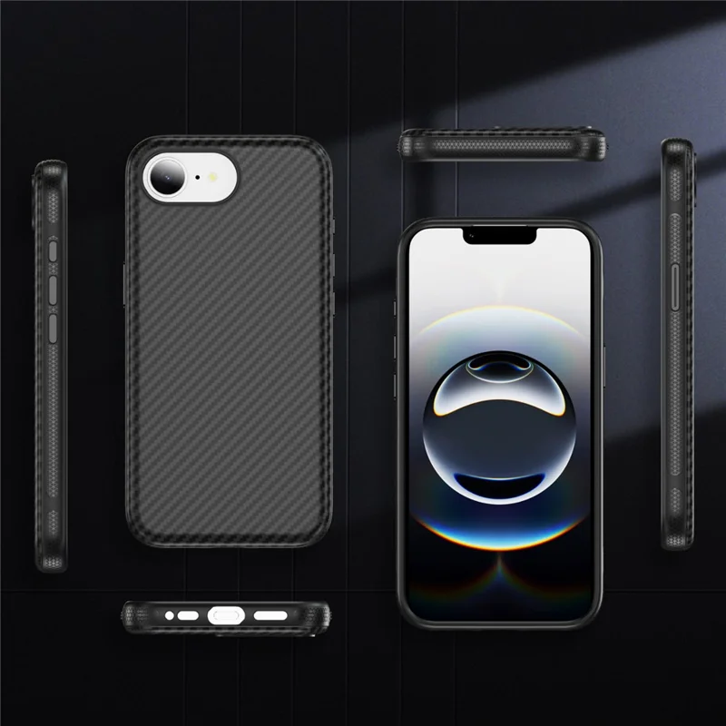 iPhone 16e Skin-touch Hülle Kohlefaser-Textur PC + TPU Rückabdeckung kompatibel mit MagSafe - Schwarz+Schwarz