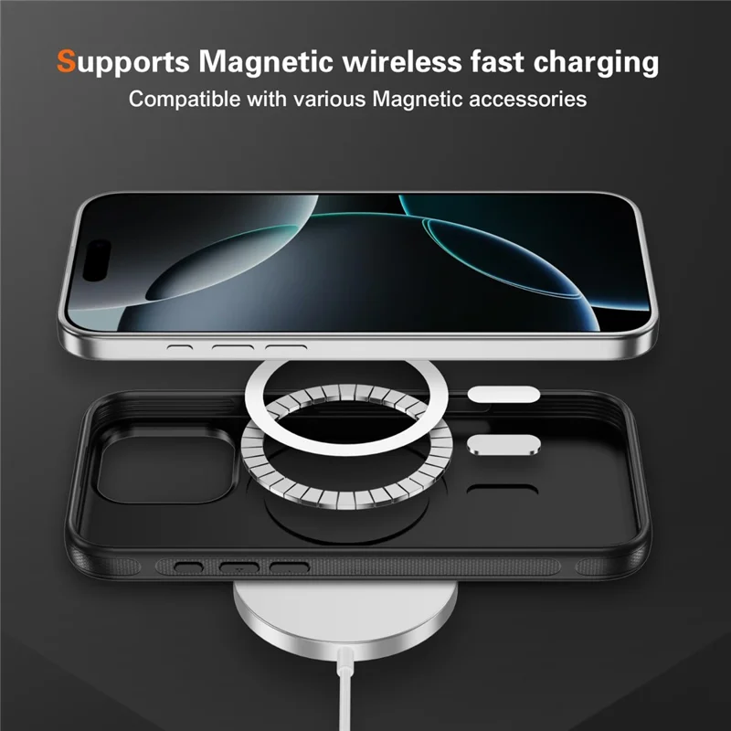 iPhone 16 Pro Skin-touch Case Carbon Fiber Textur PC + TPU Rückabdeckung Kompatibel mit MagSafe - Schwarz+Schwarz