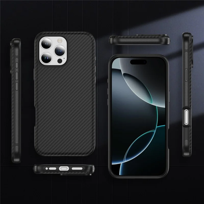 iPhone 16 Pro Skin-touch Case Carbon Fiber Textur PC + TPU Rückabdeckung Kompatibel mit MagSafe - Schwarz+Schwarz