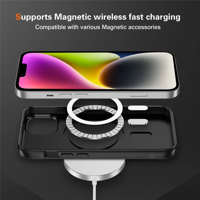 Für iPhone 15 Plus / 14 Plus Skin-touch-Hülle Karbonfaser-Textur PC + TPU Rückabdeckung kompatibel mit MagSafe - Schwarz+Schwarz