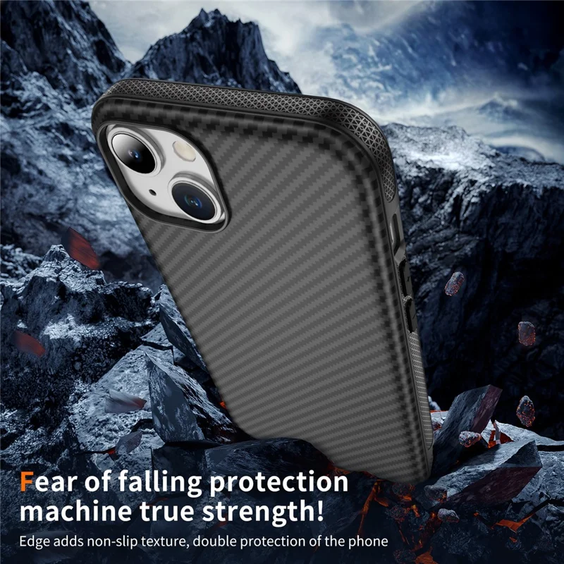 Für iPhone 15 Plus / 14 Plus Skin-touch-Hülle Karbonfaser-Textur PC + TPU Rückabdeckung kompatibel mit MagSafe - Schwarz+Schwarz