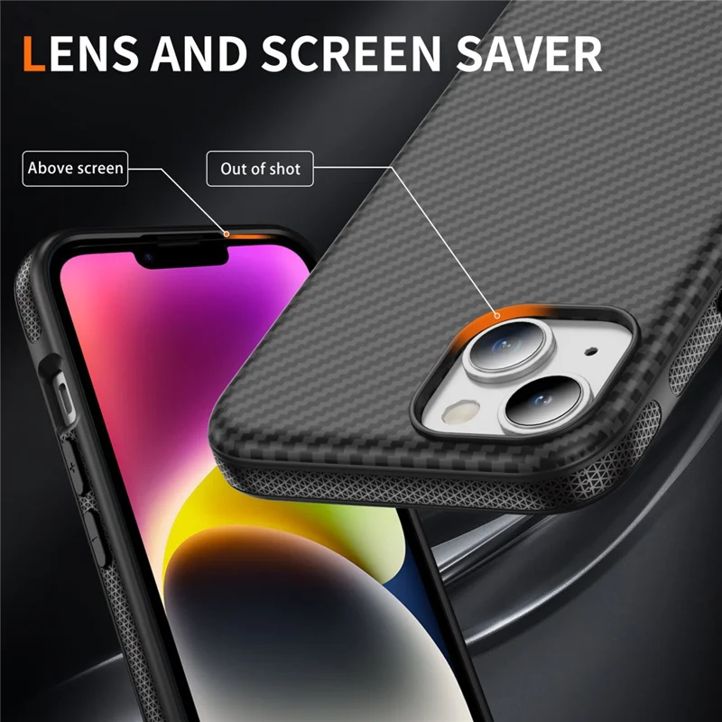 For iPhone 15 Skin-touch Case Carbon Fiber Texture PC + TPU Back Cover Compatible with MagSafe - Black+Black