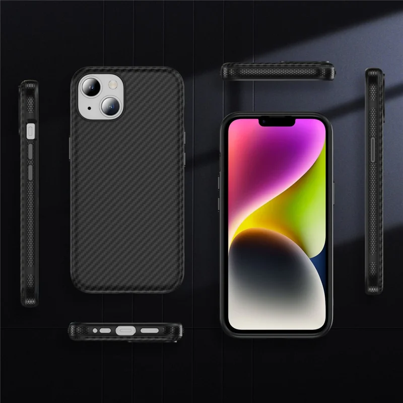 For iPhone 15 Skin-touch Case Carbon Fiber Texture PC + TPU Back Cover Compatible with MagSafe - Black+Black