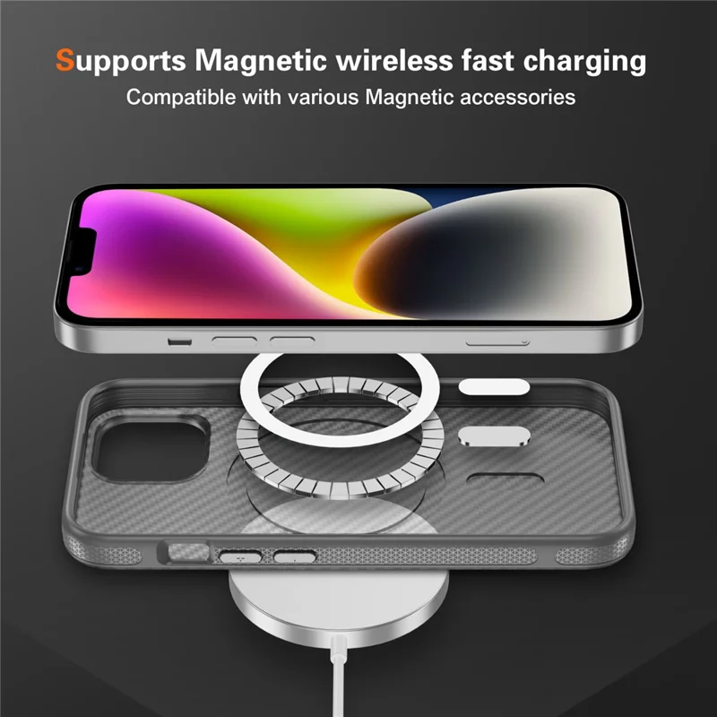 Funda de Fibra de Carbono con Textura Táctil para iPhone 15, Compatible con MagSafe - Gris Brillante+Gris