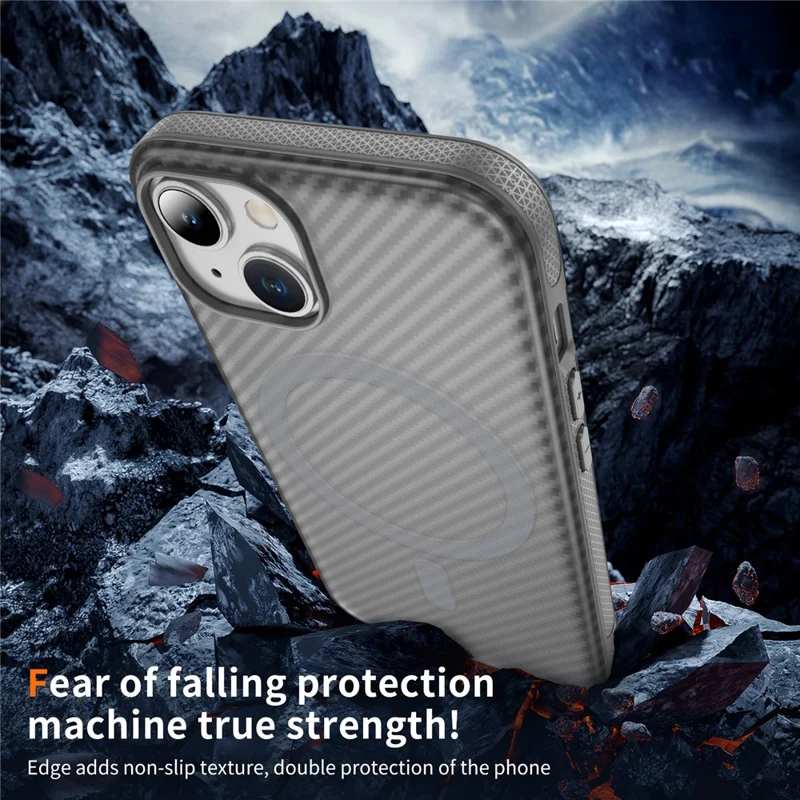 Funda de Fibra de Carbono con Textura Táctil para iPhone 15, Compatible con MagSafe - Gris Brillante+Gris