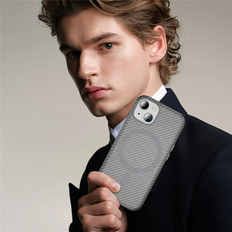 Funda de Fibra de Carbono con Textura Táctil para iPhone 15, Compatible con MagSafe - Gris Brillante+Gris