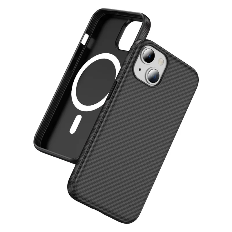 Für iPhone 14 / 13 Skin-touch Case Kohlefaser-Textur PC + TPU Rückabdeckung kompatibel mit MagSafe - Schwarz+Schwarz