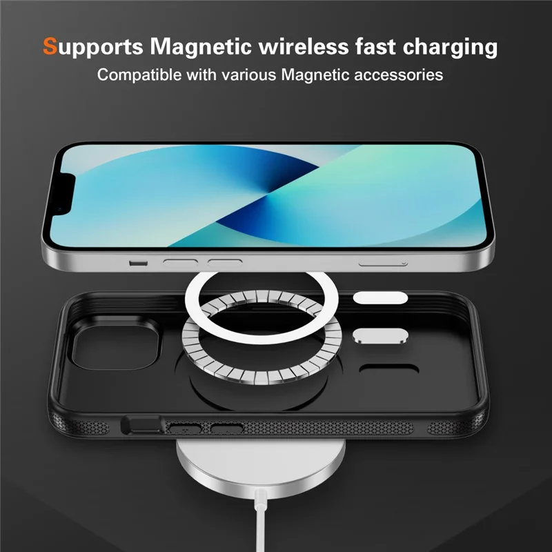 Für iPhone 14 / 13 Skin-touch Case Kohlefaser-Textur PC + TPU Rückabdeckung kompatibel mit MagSafe - Schwarz+Schwarz