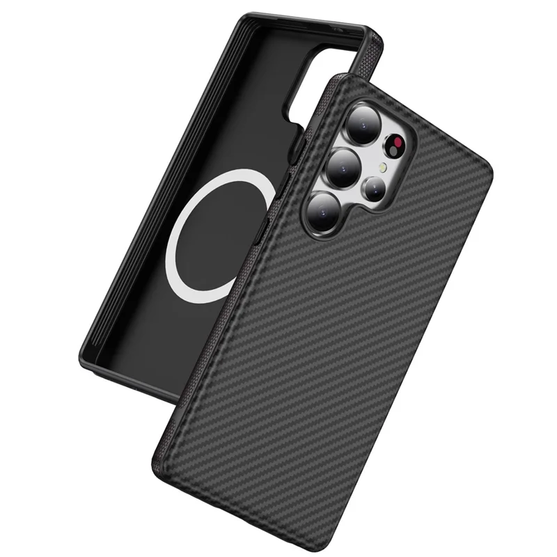 For Samsung Galaxy S24 Ultra Skin-touch Case Carbon Fiber Texture PC + TPU Back Cover Magnetic Case - Black+Black