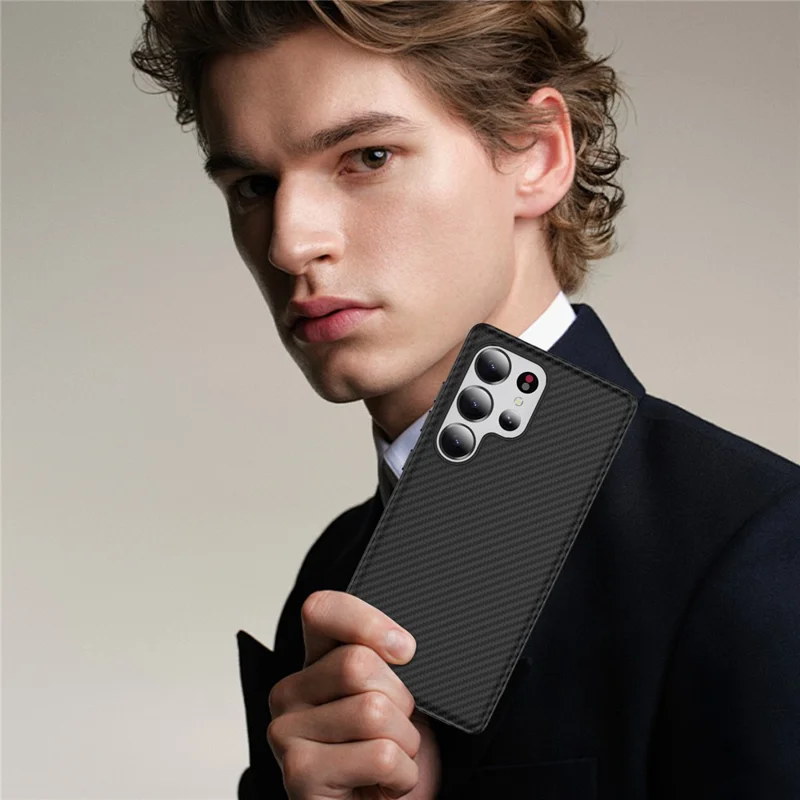 For Samsung Galaxy S24 Ultra Skin-touch Case Carbon Fiber Texture PC + TPU Back Cover Magnetic Case - Black+Black