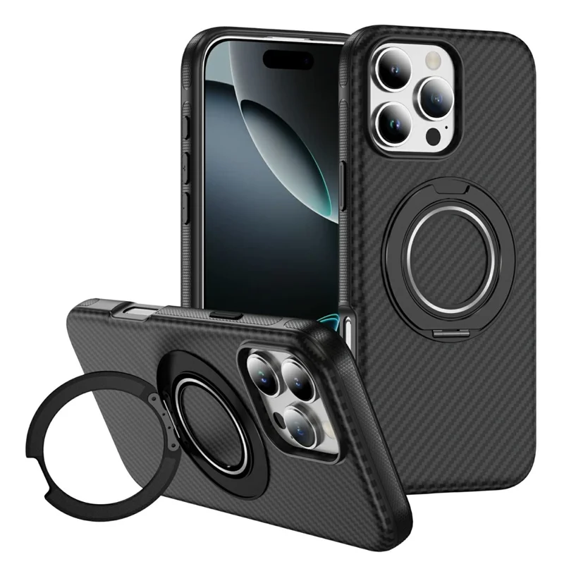 For iPhone 16 Pro Max Case Compatible with MagSafe Carbon Fiber Texture PC + TPU Back Cover with Ring Kickstand - Black+Black