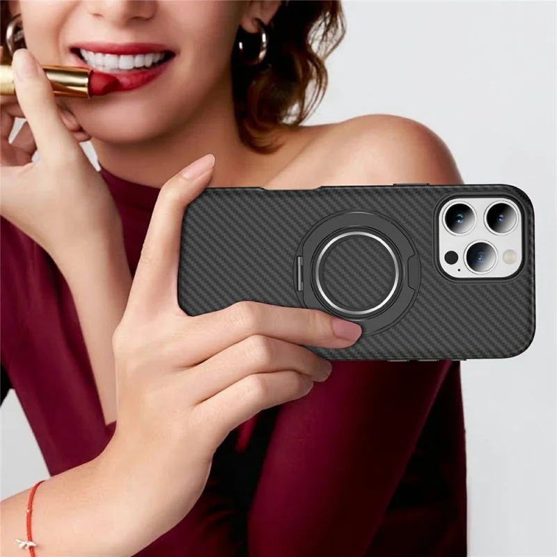 For iPhone 16 Pro Max Case Compatible with MagSafe Carbon Fiber Texture PC + TPU Back Cover with Ring Kickstand - Black+Black