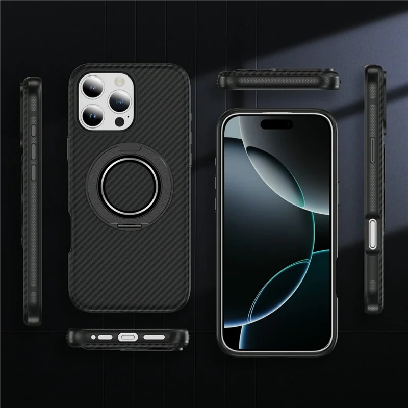 For iPhone 16 Pro Max Case Compatible with MagSafe Carbon Fiber Texture PC + TPU Back Cover with Ring Kickstand - Black+Black