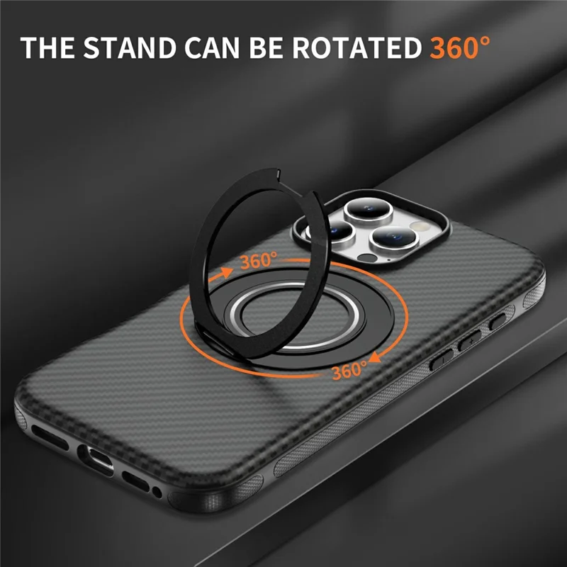 For iPhone 16 Pro Max Case Compatible with MagSafe Carbon Fiber Texture PC + TPU Back Cover with Ring Kickstand - Black+Black