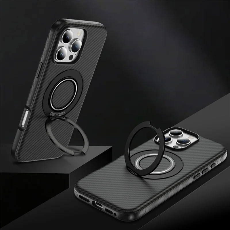 For iPhone 16 Pro Max Case Compatible with MagSafe Carbon Fiber Texture PC + TPU Back Cover with Ring Kickstand - Black+Black