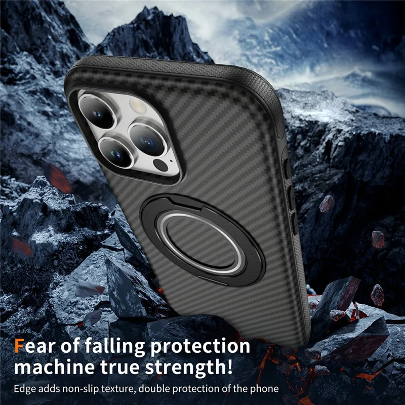For iPhone 16 Pro Max Case Compatible with MagSafe Carbon Fiber Texture PC + TPU Back Cover with Ring Kickstand - Black+Black