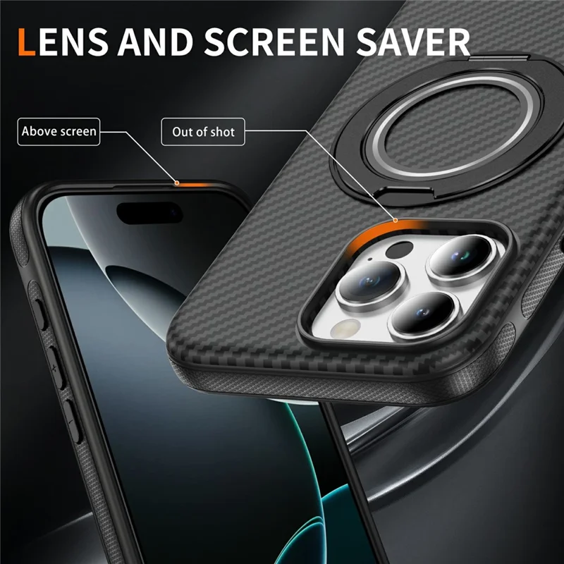 Étui iPhone 16 Pro Compatible avec MagSafe Texture en Fibre de Carbone PC + Coque Arrière TPU avec Support Anneau - Noir+Noir