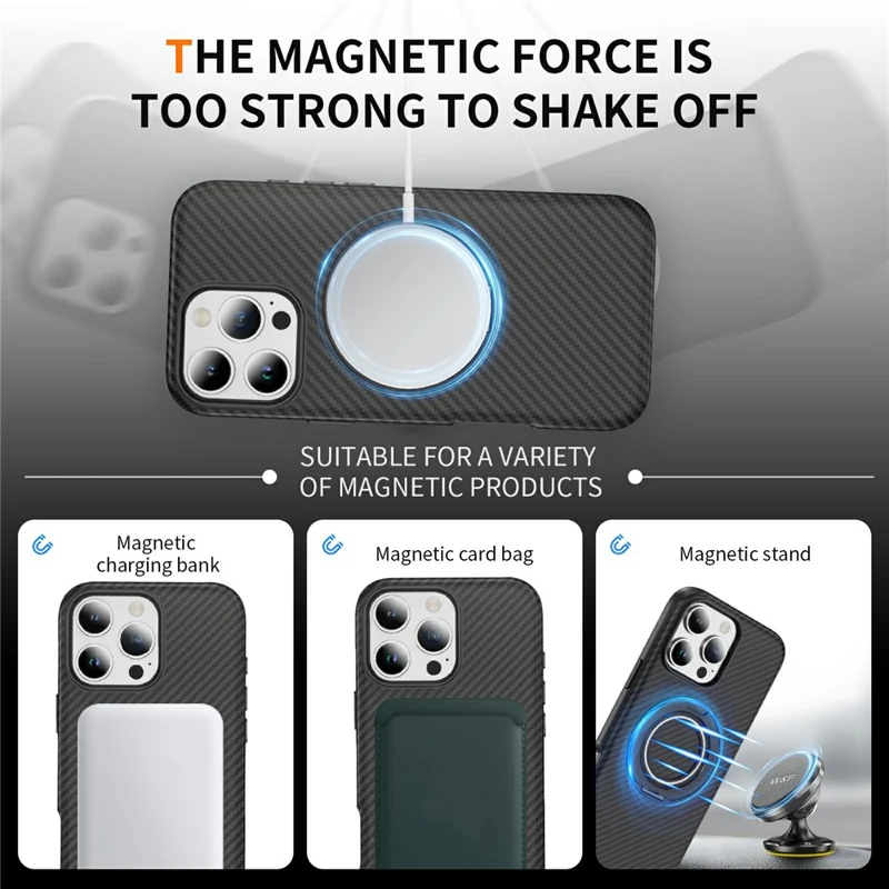 Étui iPhone 16 Pro Compatible avec MagSafe Texture en Fibre de Carbone PC + Coque Arrière TPU avec Support Anneau - Noir+Noir