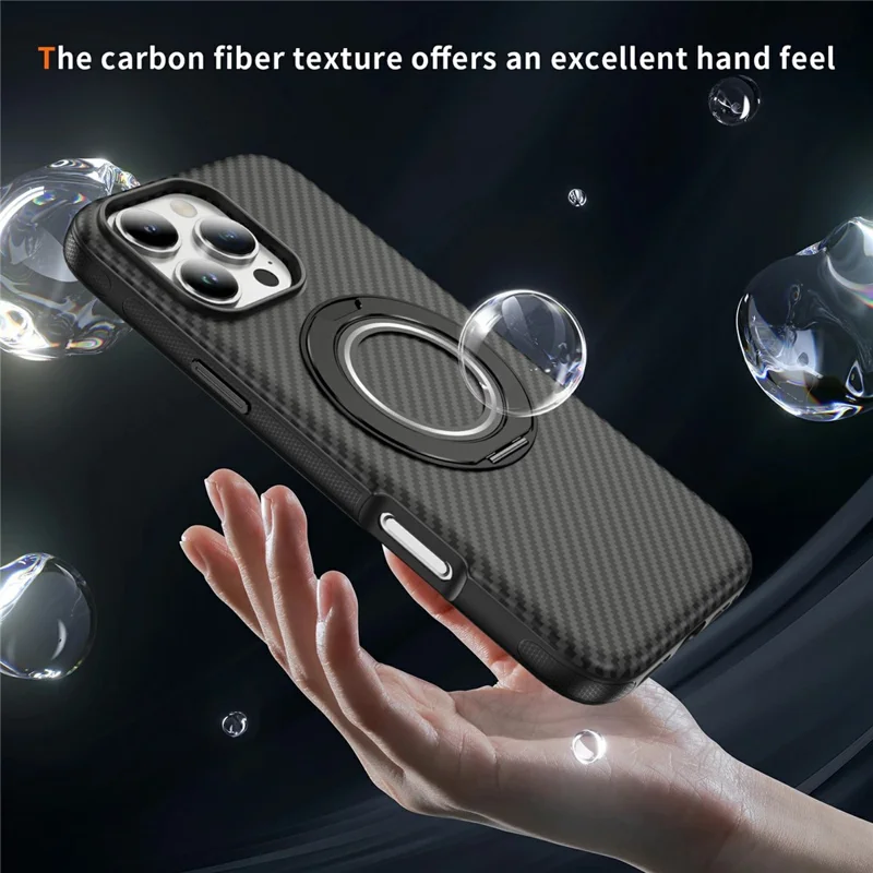Étui iPhone 16 Pro Compatible avec MagSafe Texture en Fibre de Carbone PC + Coque Arrière TPU avec Support Anneau - Noir+Noir