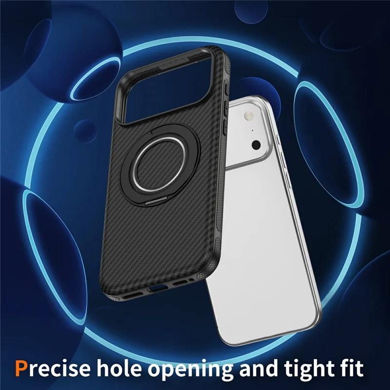 Per iPhone 17 Pro Max Custodia Compatibile con MagSafe Texture in Fibra di Carbonio PC + Copertura Posteriore in TPU con Anello Supporto - Nero+Nero