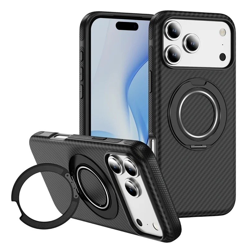 For iPhone 17 Pro Case Compatible with MagSafe Carbon Fiber Texture PC + TPU Back Cover with Ring Kickstand - Black+Black