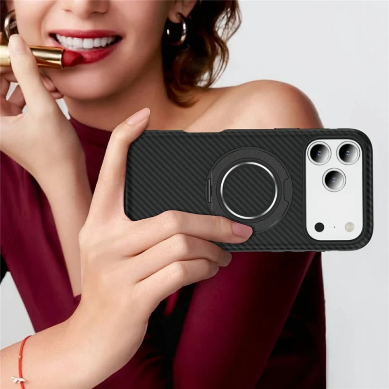 For iPhone 17 Pro Case Compatible with MagSafe Carbon Fiber Texture PC + TPU Back Cover with Ring Kickstand - Black+Black