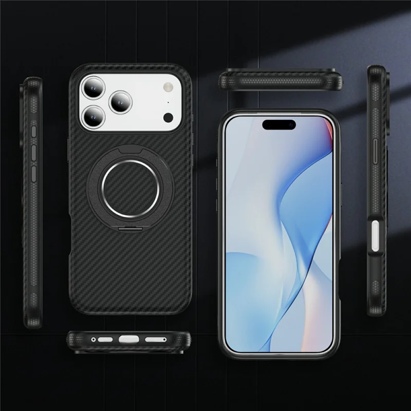For iPhone 17 Pro Case Compatible with MagSafe Carbon Fiber Texture PC + TPU Back Cover with Ring Kickstand - Black+Black