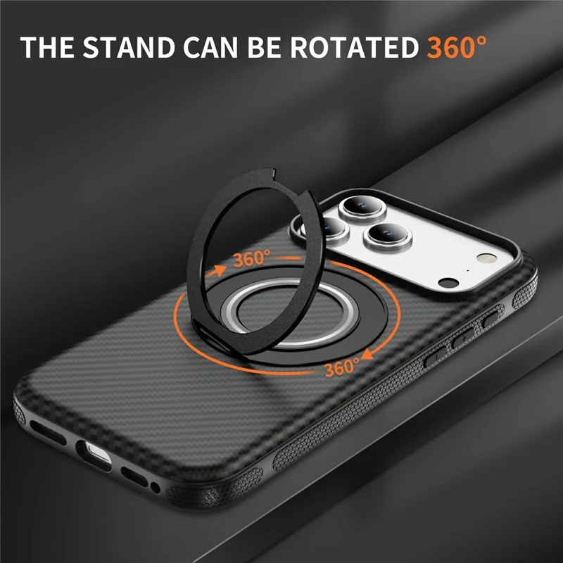 For iPhone 17 Pro Case Compatible with MagSafe Carbon Fiber Texture PC + TPU Back Cover with Ring Kickstand - Black+Black