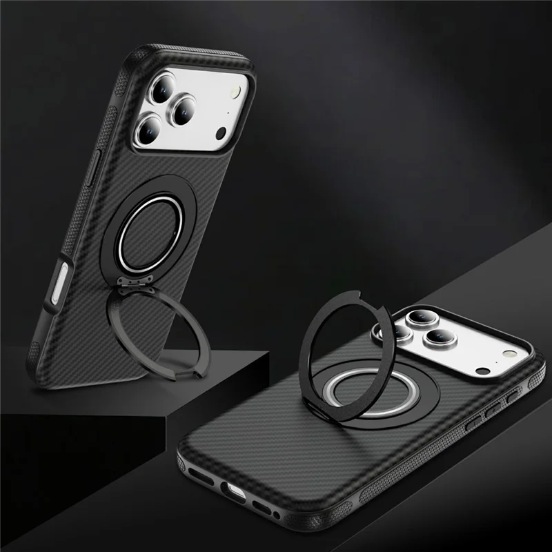 For iPhone 17 Pro Case Compatible with MagSafe Carbon Fiber Texture PC + TPU Back Cover with Ring Kickstand - Black+Black