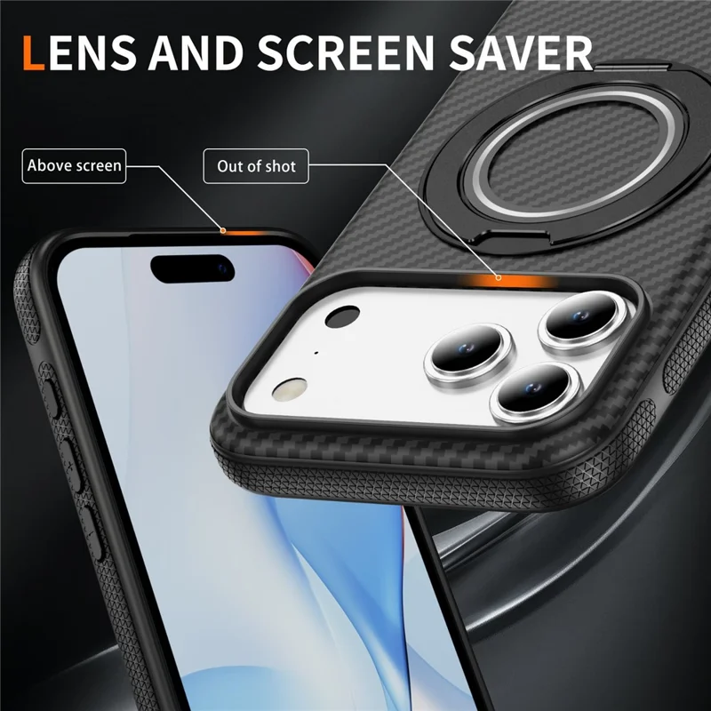 For iPhone 17 Pro Case Compatible with MagSafe Carbon Fiber Texture PC + TPU Back Cover with Ring Kickstand - Black+Black