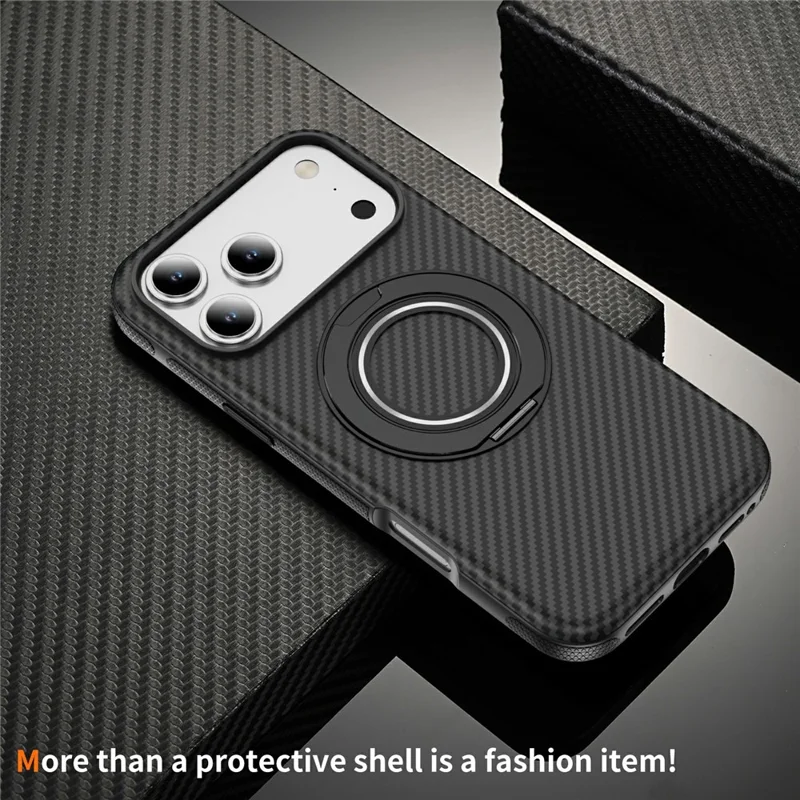 For iPhone 17 Pro Case Compatible with MagSafe Carbon Fiber Texture PC + TPU Back Cover with Ring Kickstand - Black+Black