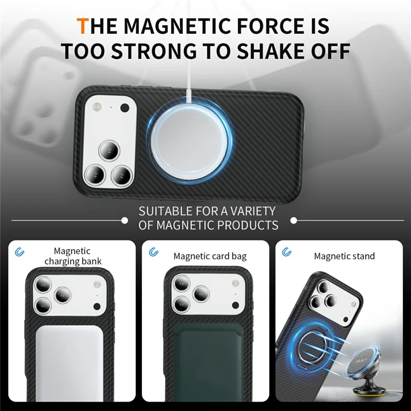 For iPhone 17 Pro Case Compatible with MagSafe Carbon Fiber Texture PC + TPU Back Cover with Ring Kickstand - Black+Black