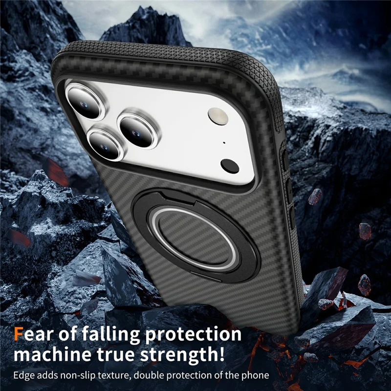 For iPhone 17 Pro Case Compatible with MagSafe Carbon Fiber Texture PC + TPU Back Cover with Ring Kickstand - Black+Black