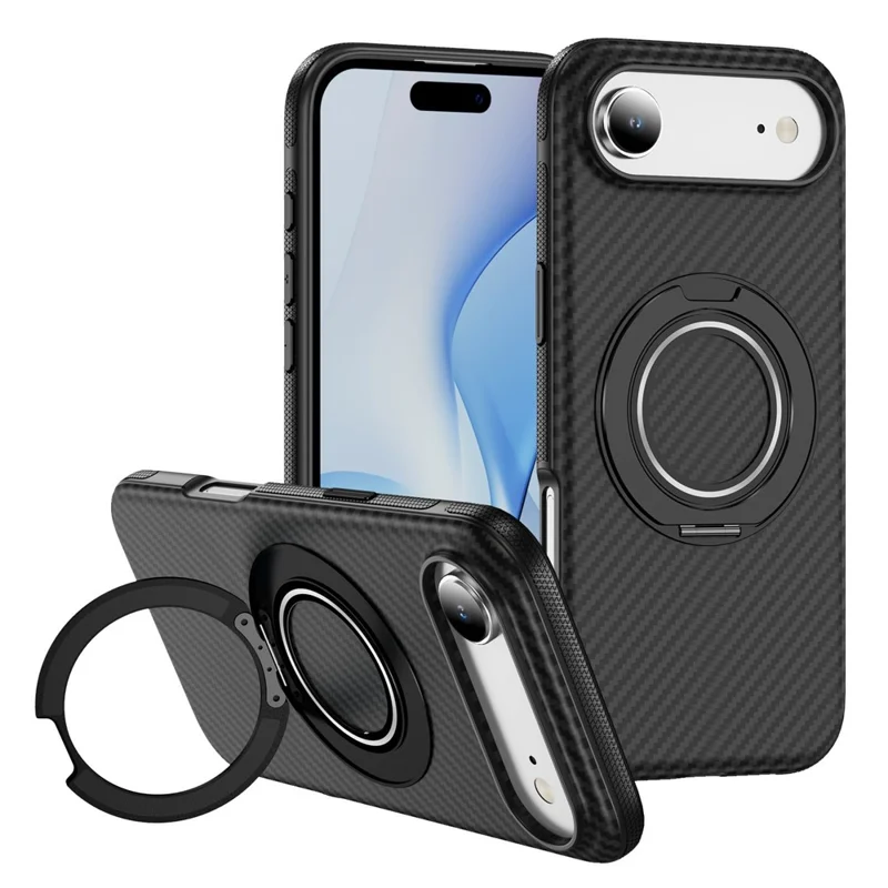 For iPhone Air Case Compatible with MagSafe Carbon Fiber Texture PC + TPU Back Cover with Ring Kickstand - Black+Black