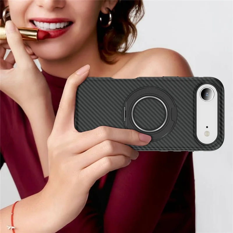For iPhone Air Case Compatible with MagSafe Carbon Fiber Texture PC + TPU Back Cover with Ring Kickstand - Black+Black