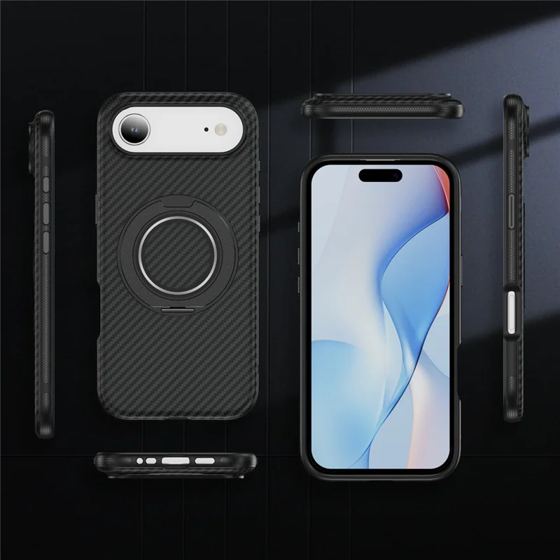 For iPhone Air Case Compatible with MagSafe Carbon Fiber Texture PC + TPU Back Cover with Ring Kickstand - Black+Black