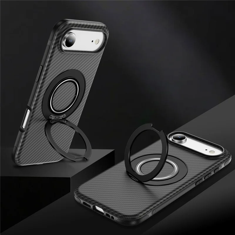 For iPhone Air Case Compatible with MagSafe Carbon Fiber Texture PC + TPU Back Cover with Ring Kickstand - Black+Black