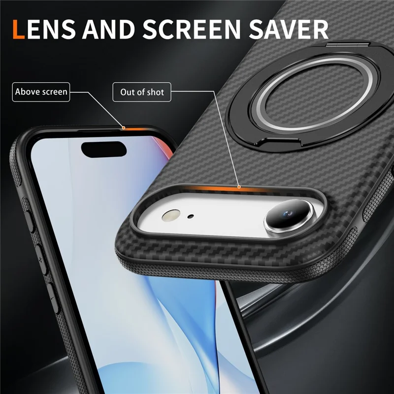 For iPhone Air Case Compatible with MagSafe Carbon Fiber Texture PC + TPU Back Cover with Ring Kickstand - Black+Black