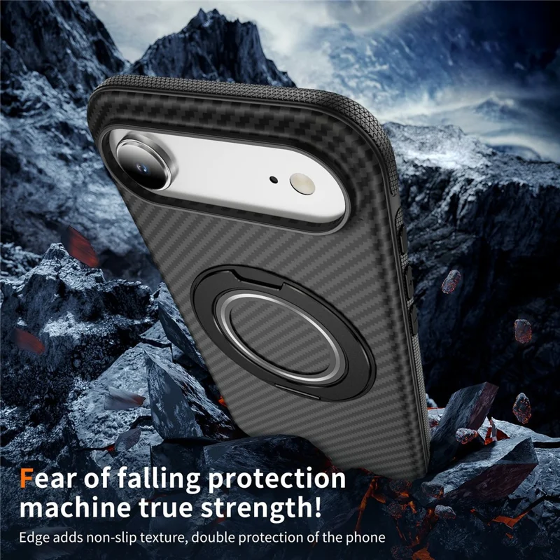 For iPhone Air Case Compatible with MagSafe Carbon Fiber Texture PC + TPU Back Cover with Ring Kickstand - Black+Black