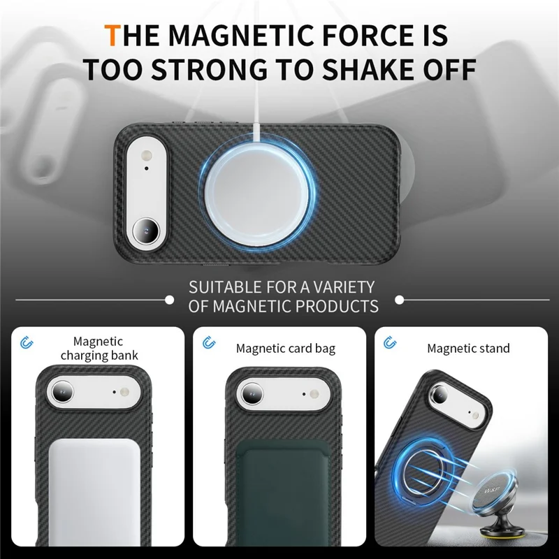 For iPhone Air Case Compatible with MagSafe Carbon Fiber Texture PC + TPU Back Cover with Ring Kickstand - Black+Black