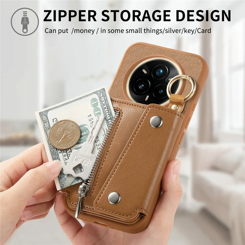 Realme 14 Pro 5G Hülle D-Ring Halter Leder + PC + TPU Handyhülle mit Geldbörse Ständer - Braun