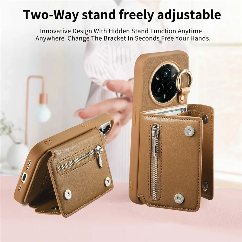 Realme 14 Pro 5G Hülle D-Ring Halter Leder + PC + TPU Handyhülle mit Geldbörse Ständer - Braun
