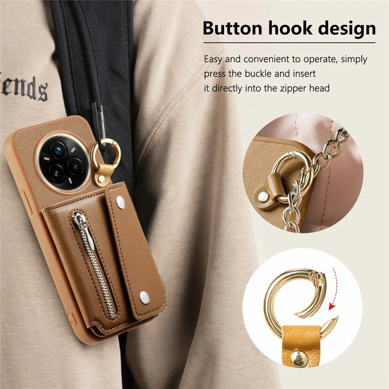 Realme 14 Pro 5G Hülle D-Ring Halter Leder + PC + TPU Handyhülle mit Geldbörse Ständer - Braun