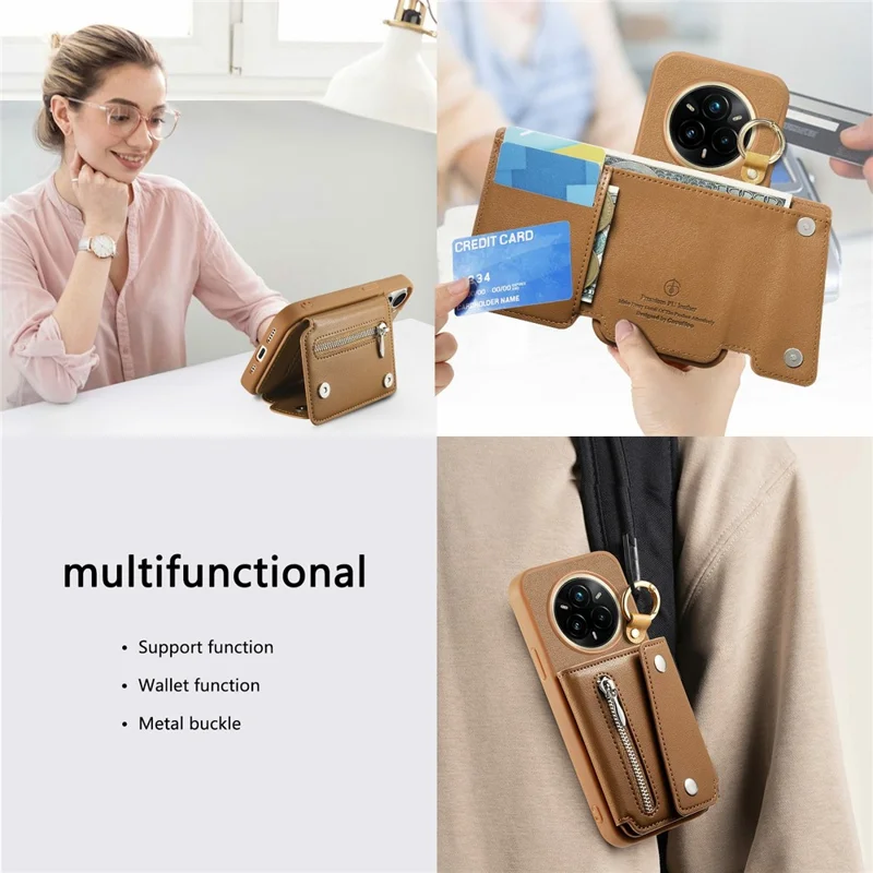 Realme 14 Pro 5G Hülle D-Ring Halter Leder + PC + TPU Handyhülle mit Geldbörse Ständer - Braun