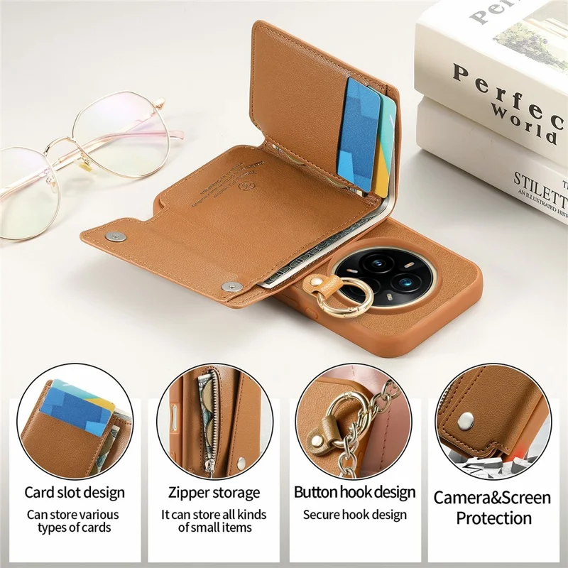 Realme 14 Pro 5G Hülle D-Ring Halter Leder + PC + TPU Handyhülle mit Geldbörse Ständer - Braun