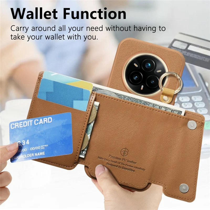 Realme 14 Pro 5G Hülle D-Ring Halter Leder + PC + TPU Handyhülle mit Geldbörse Ständer - Braun