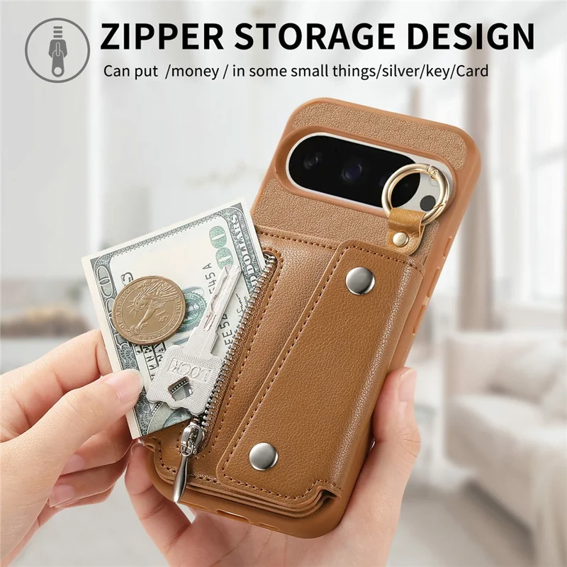 Custodia con supporto per portafoglio per Google Pixel 10 Pro / 10 / 9 Pro / 9 Supporto ad anello D in pelle + PC + TPU - Marrone