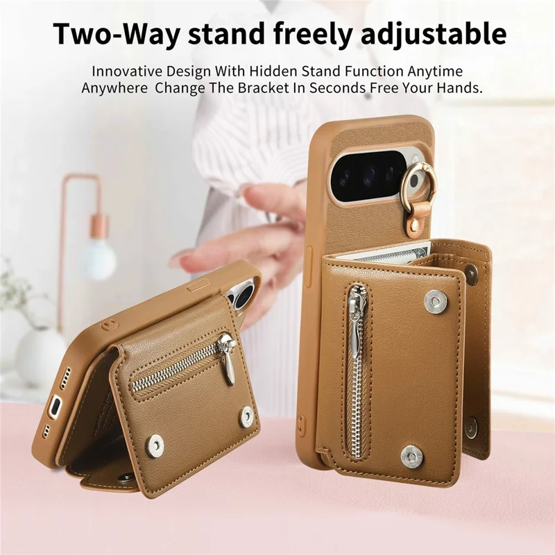 Custodia con supporto per portafoglio per Google Pixel 10 Pro / 10 / 9 Pro / 9 Supporto ad anello D in pelle + PC + TPU - Marrone